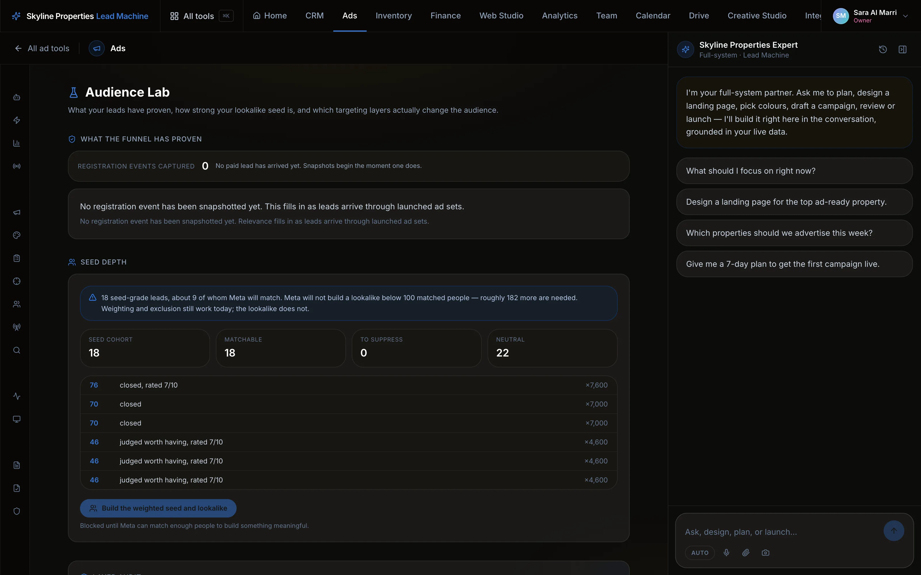 Audience Lab showing captured registration events, seed depth counts and the pre-launch layer audit