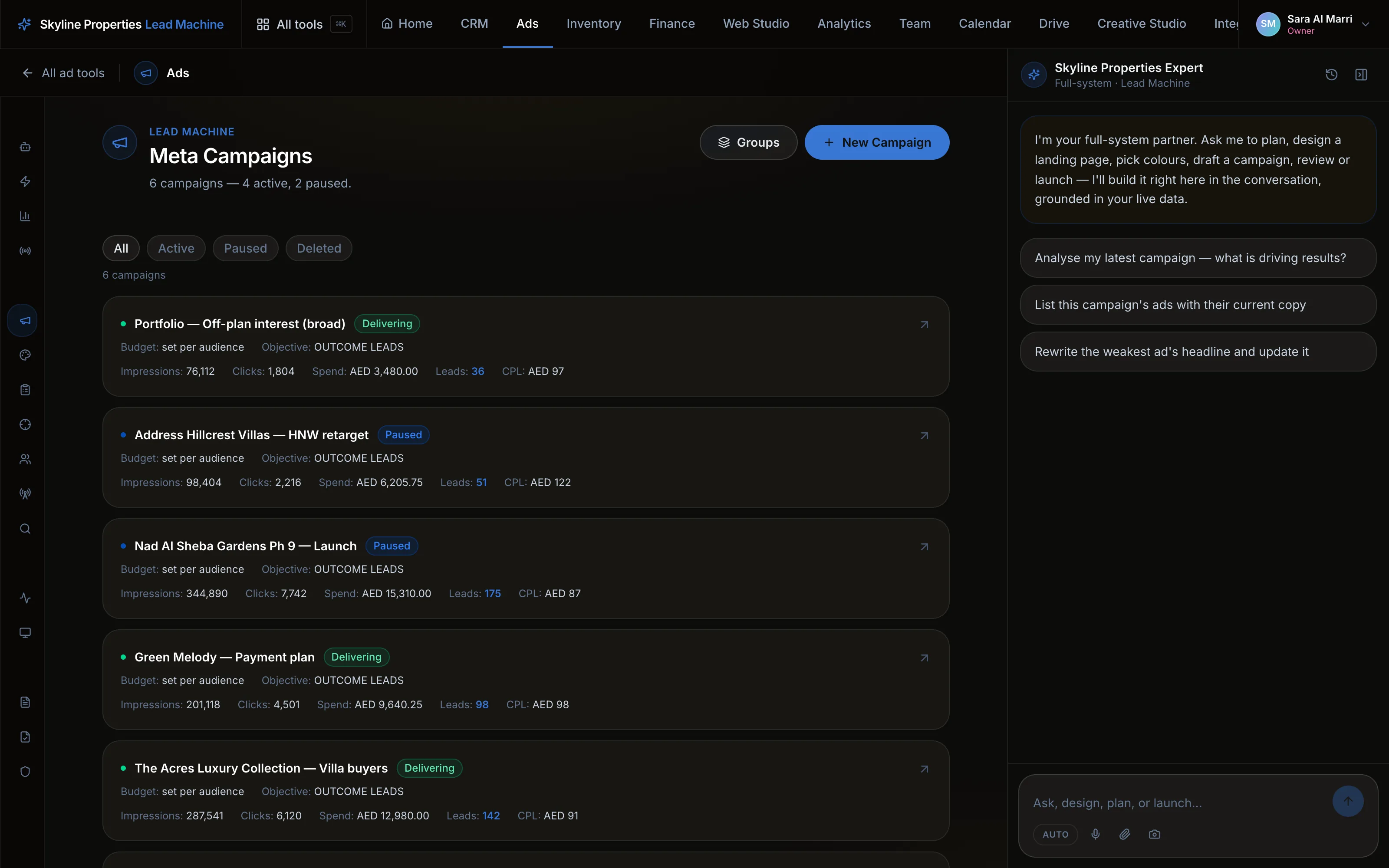 Campaigns. Every campaign on Meta and Google in one list, with what each one spent and brought.