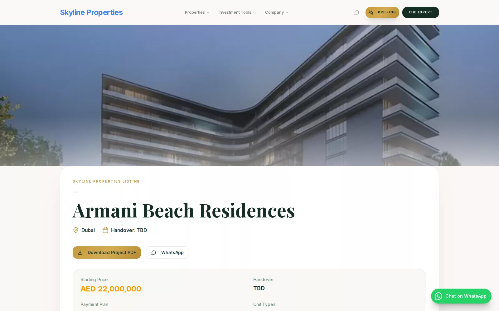 A published project page on a customer's own site: the photo, the developer, the price, the PDF and the WhatsApp line — the page every ad and keyword lands on.