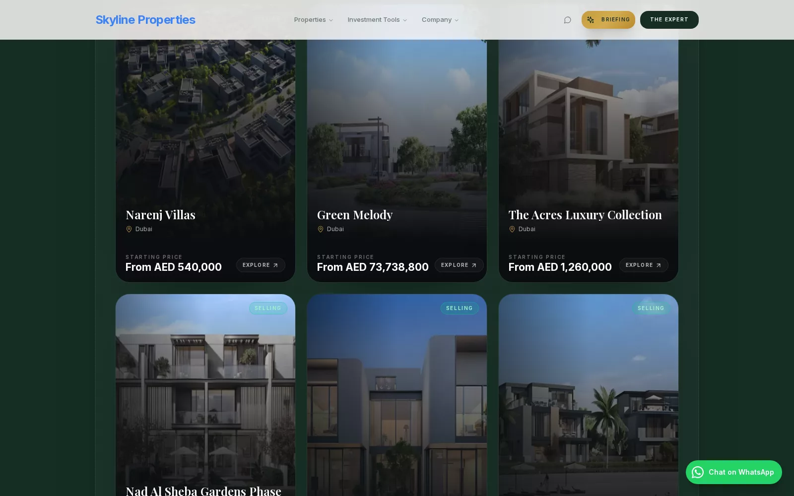 The public projects grid on a customer's site, built from the book: photo, name, area and the starting price the record holds — nothing invented.