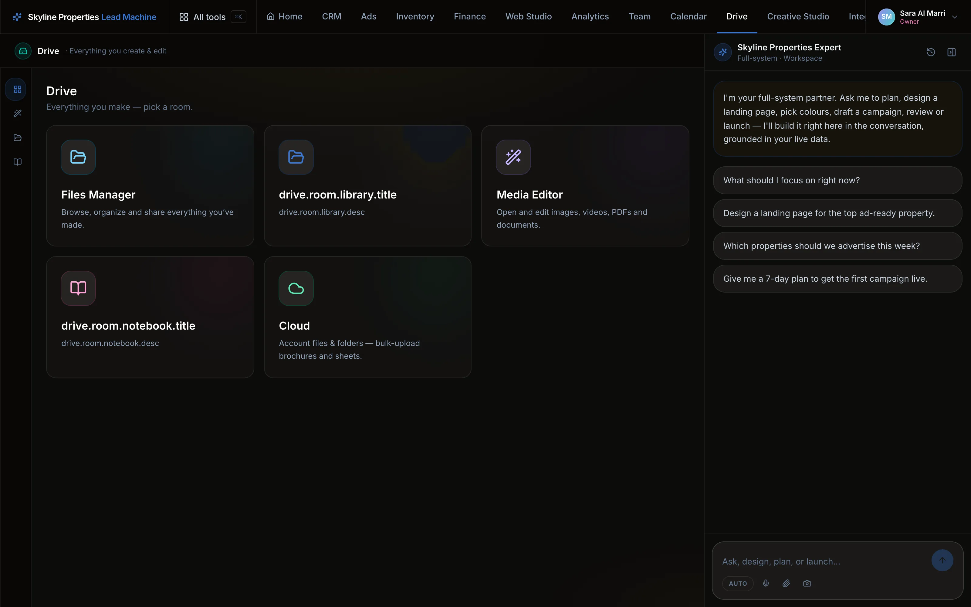Drive rooms — the files manager, media editor and account cloud — with the docked expert alongside