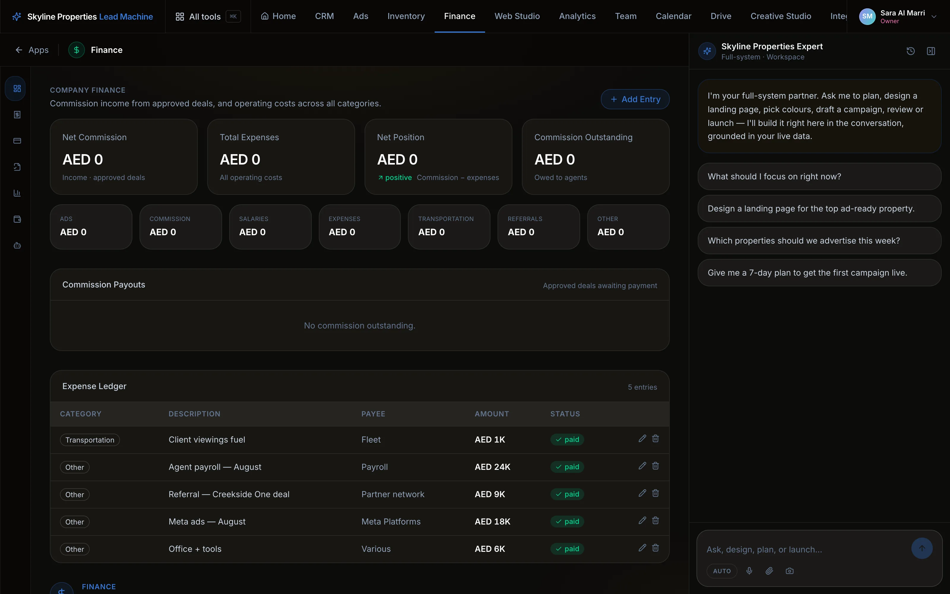 Company finance with commission tiles, expense categories, commission payouts and the expense ledger