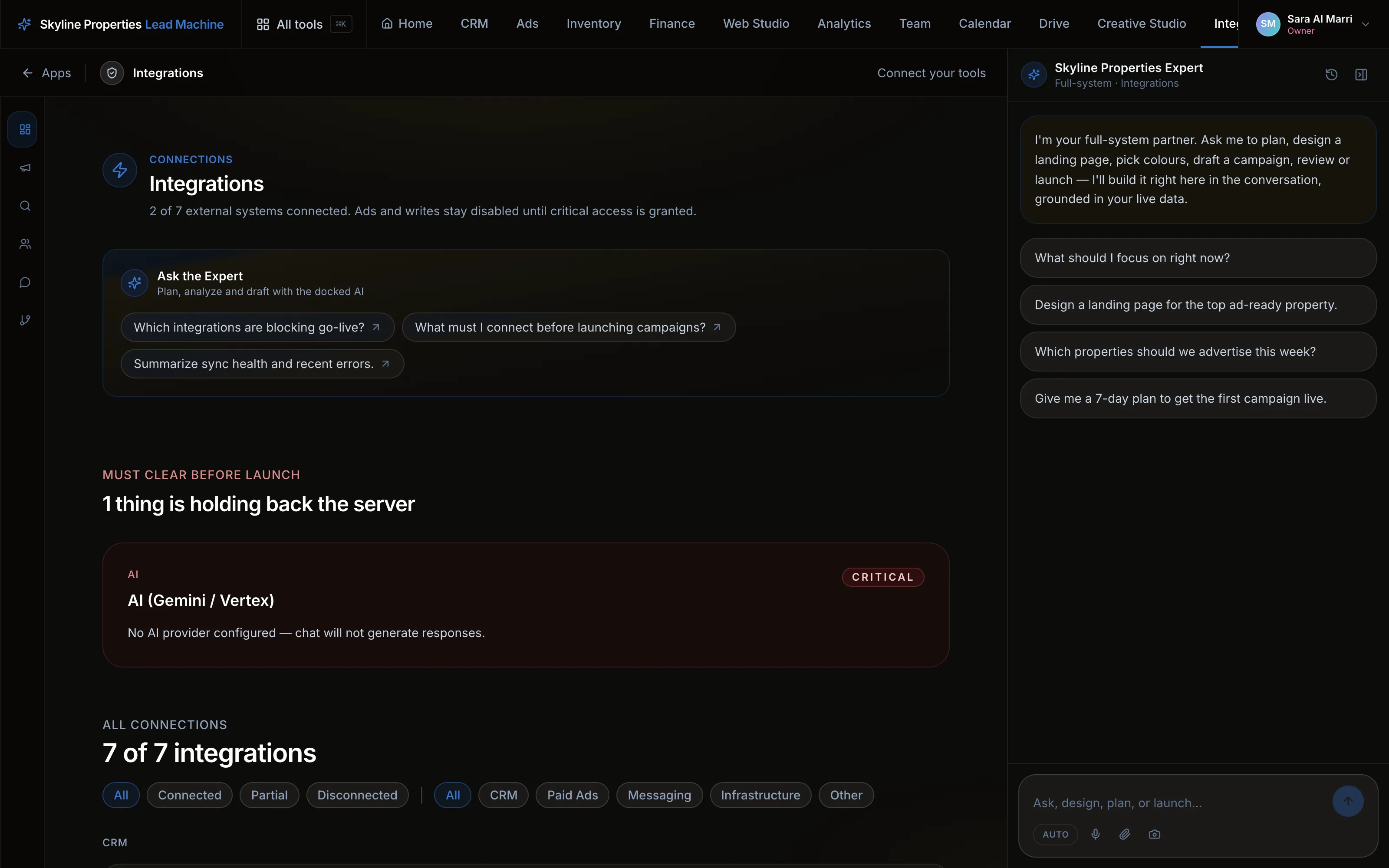 Integrations showing two of seven systems connected, a critical pre-launch blocker and connection-state filters
