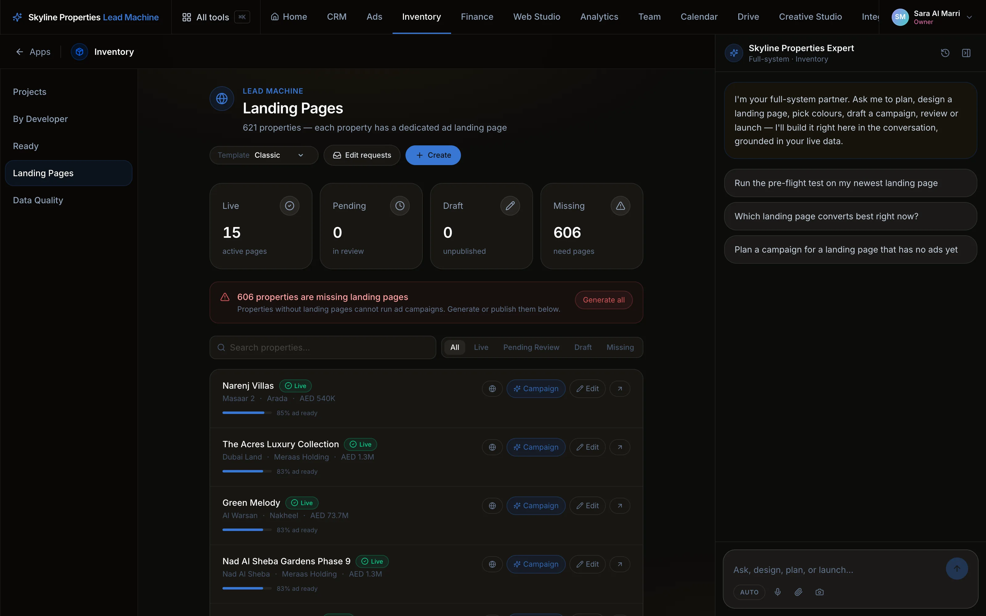 Landing pages across 621 properties — 15 live, missing ones flagged with Generate all — each row scored ad-ready