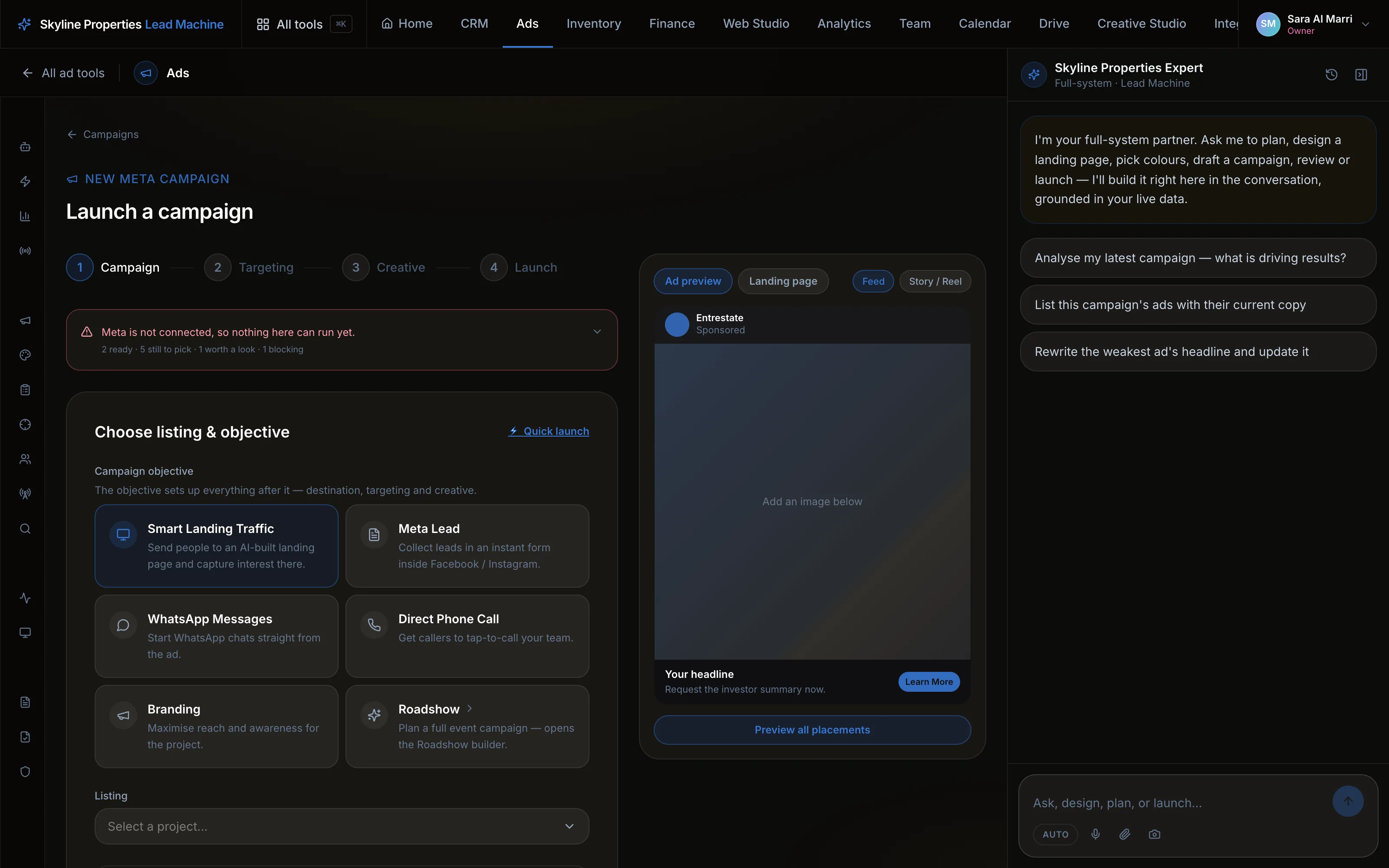 The four-step campaign launch wizard with objective tiles and a live ad preview panel