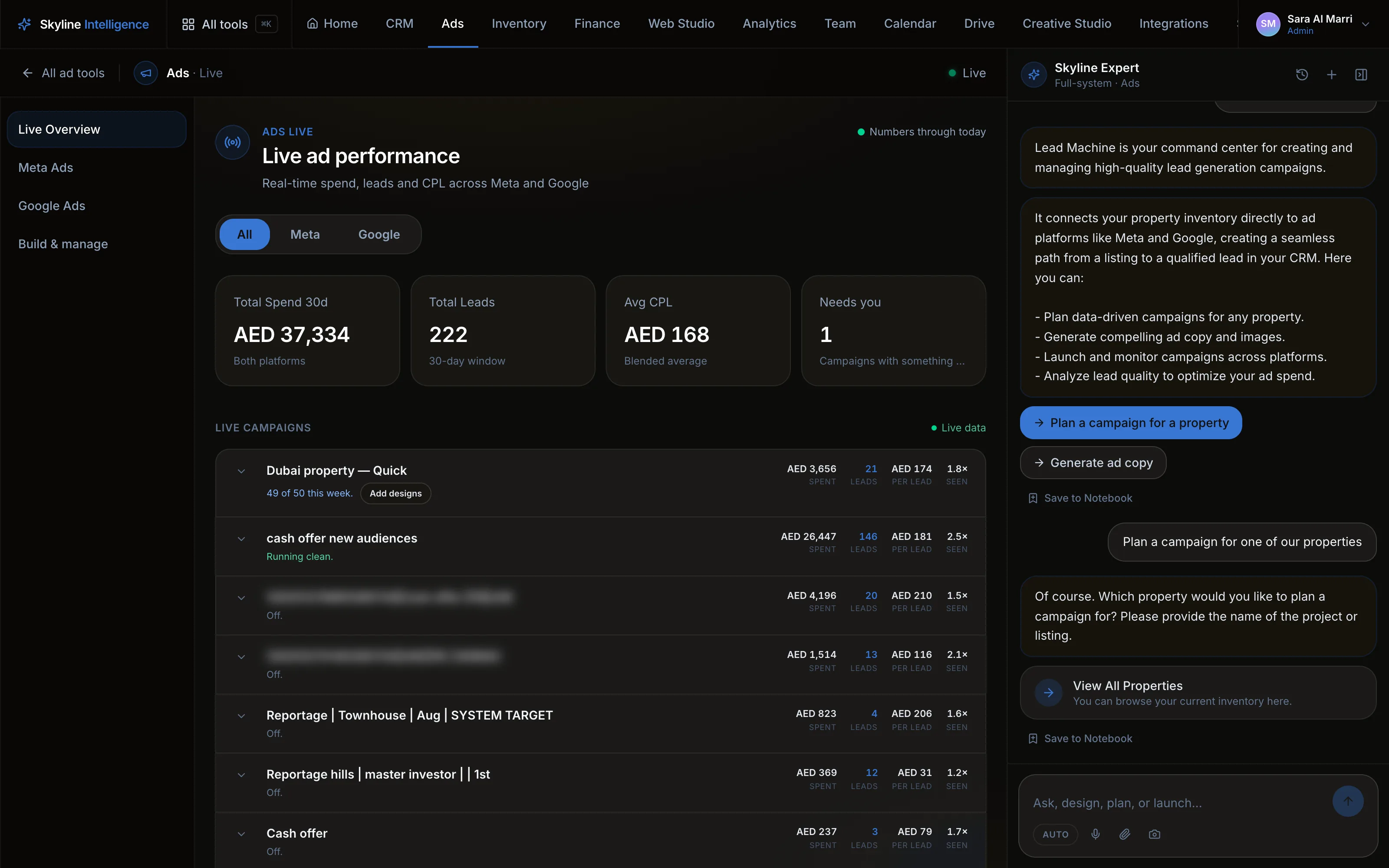 Live ad performance — 30-day spend, total leads and blended CPL tiles above per-campaign delivery rows