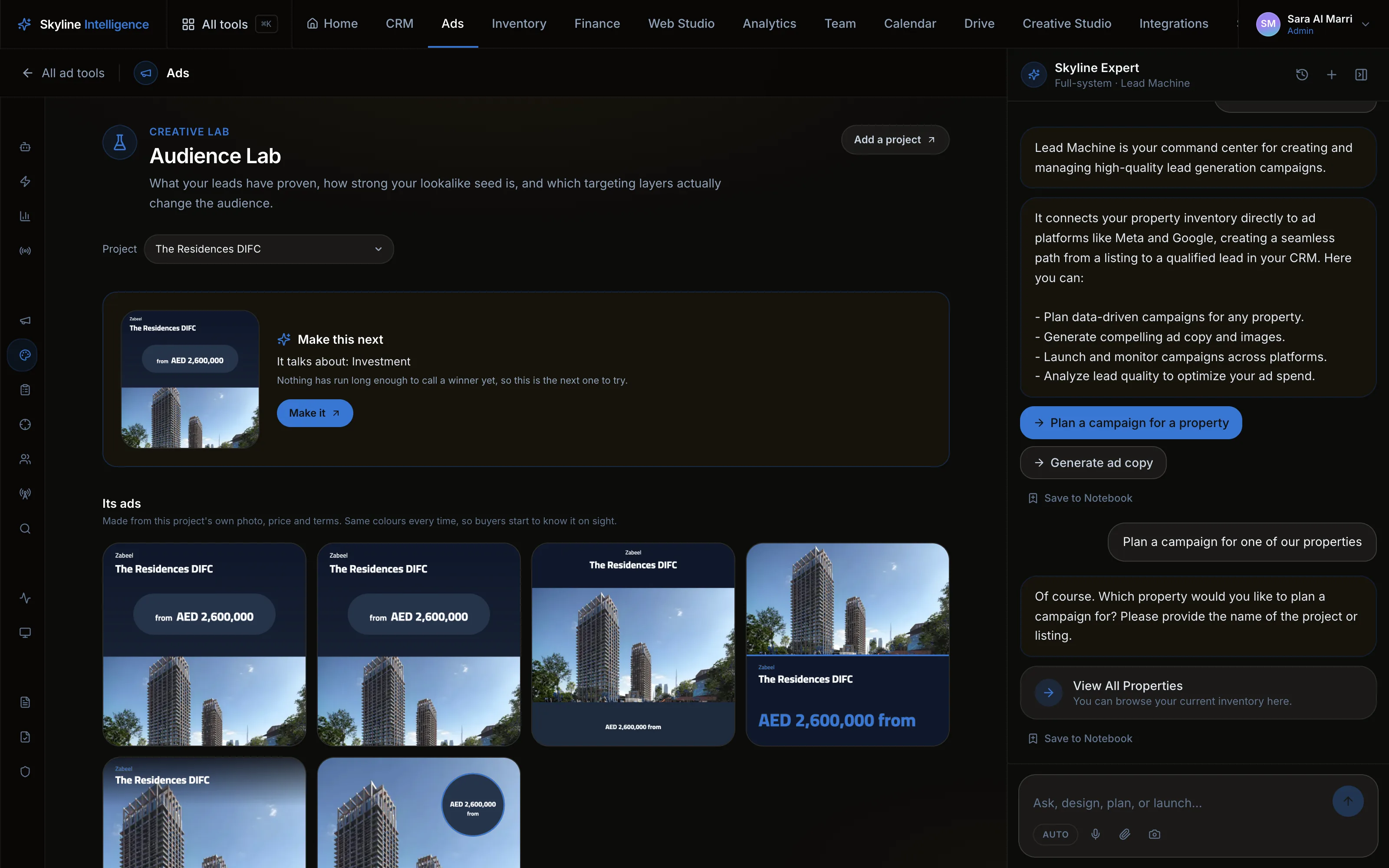 Creative Lab showing a project’s generated ad set — the same photo, price and colours across every format