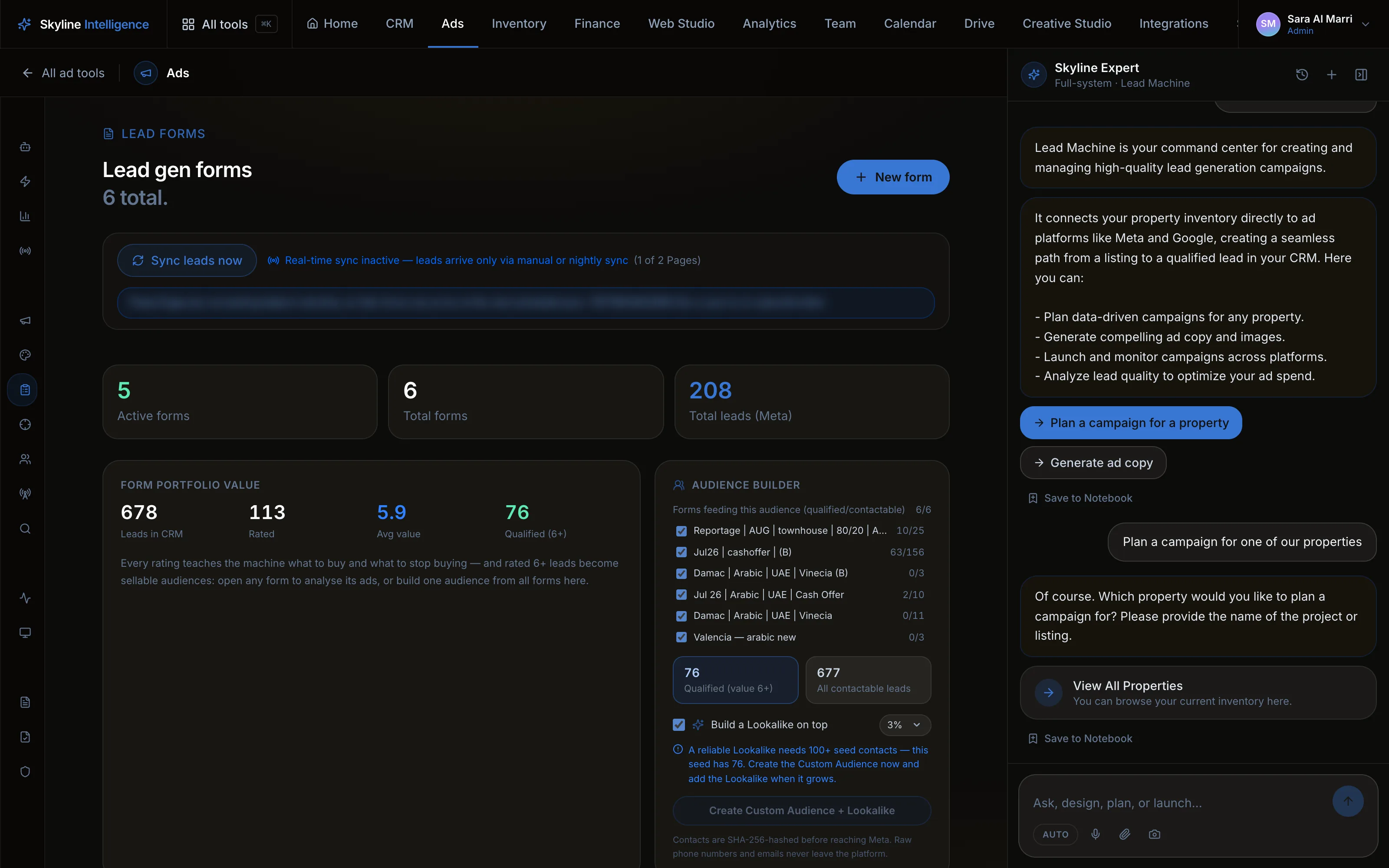 Lead gen forms in real use — six forms, 207 Meta leads, the form portfolio value and the all-forms audience builder