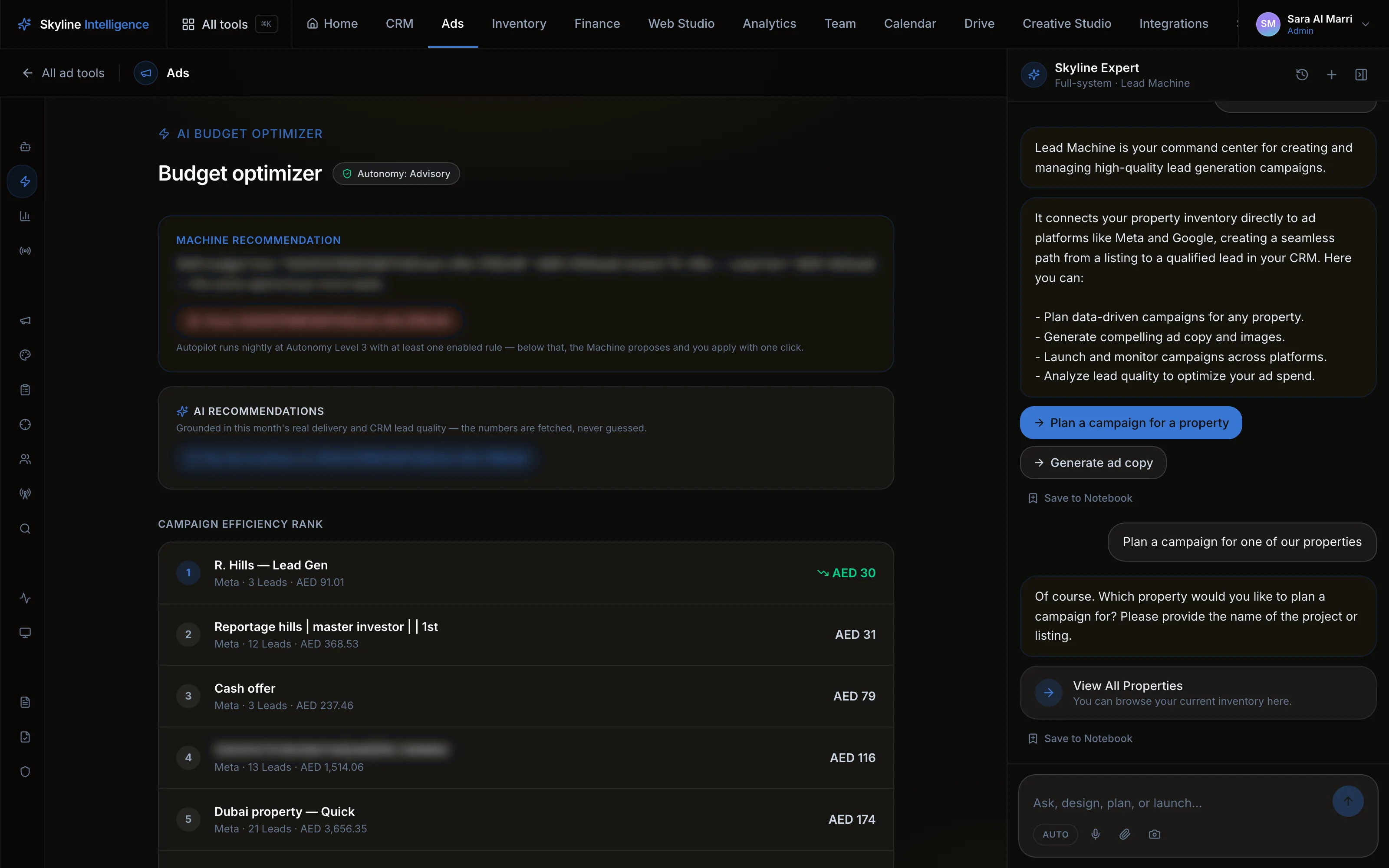 The AI budget optimizer ranking campaigns by cost per lead, with a machine recommendation ready to apply