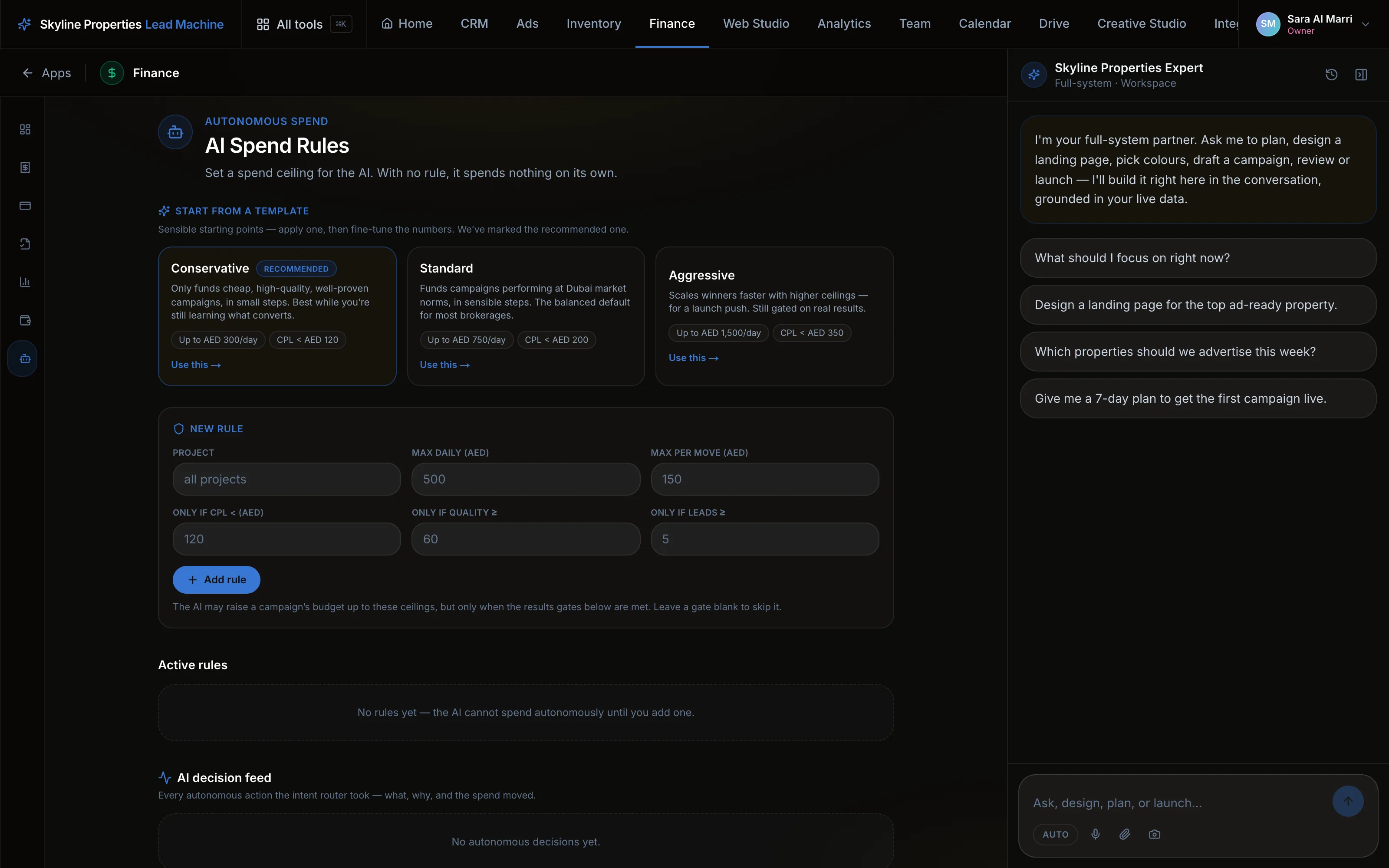AI spend rules with conservative, standard and aggressive templates, ceiling and gate fields, and the decision feed