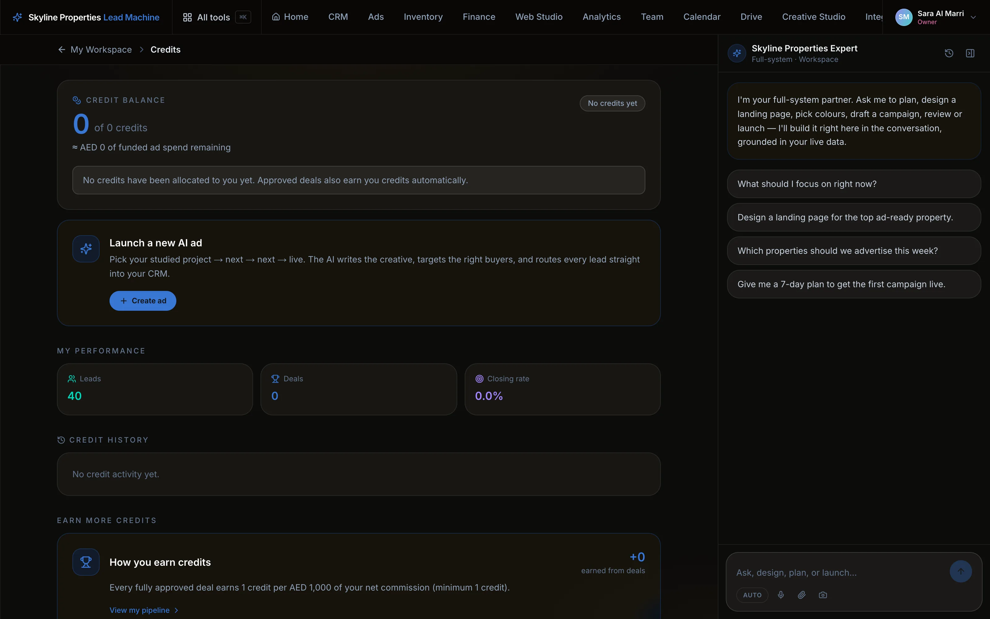 The credit balance with how credits are earned from approved deals, a Create ad button and personal performance tiles
